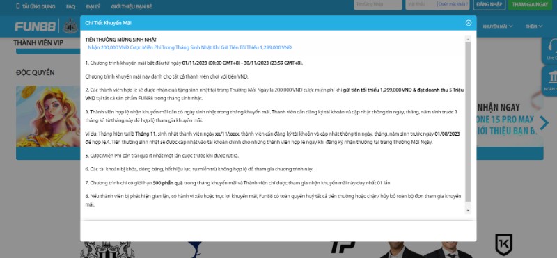 Quà thưởng mừng sinh nhật các thành viên của Fun88 