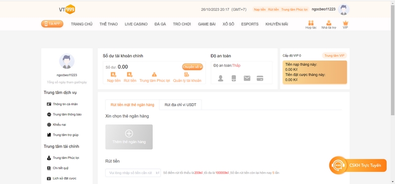 Rút tiền về ngân hàng tại VT999 chỉ từ 1 đến 2 phút